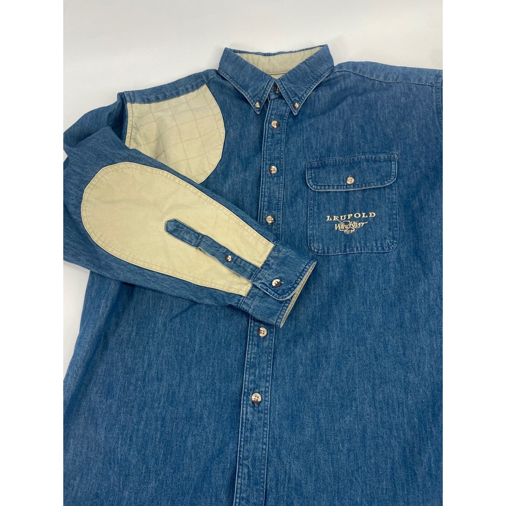 Leupold Wing &‎ Shot Men's Denim Shooting Shirt Shoulder Patches Button Down Lrg